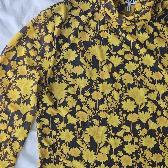 Ganni Floral Mesh Turtleneck Top in Yellow and Black - Women's Size 4 - Picture 6 of 11